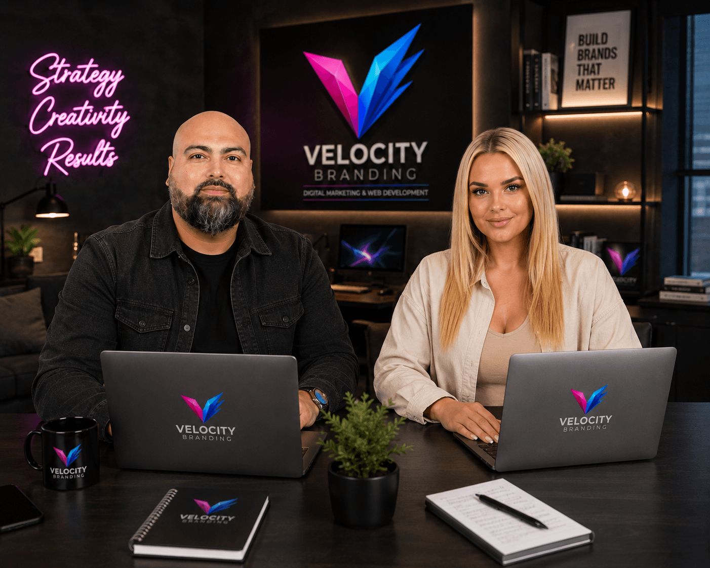 Will and Louise working at Velocity Branding